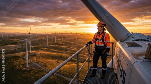 Cinematic View of Wind Farm at Golden Hour with Engineer Overlooking Turbines