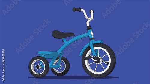 Stylish blue childs tricycle with white wheels and black seat shown in profile on a dark blue background.