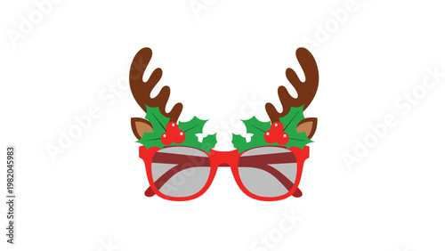 Festive Christmas novelty glasses featuring red frames, brown reindeer antlers, and green holly leaves with berries.