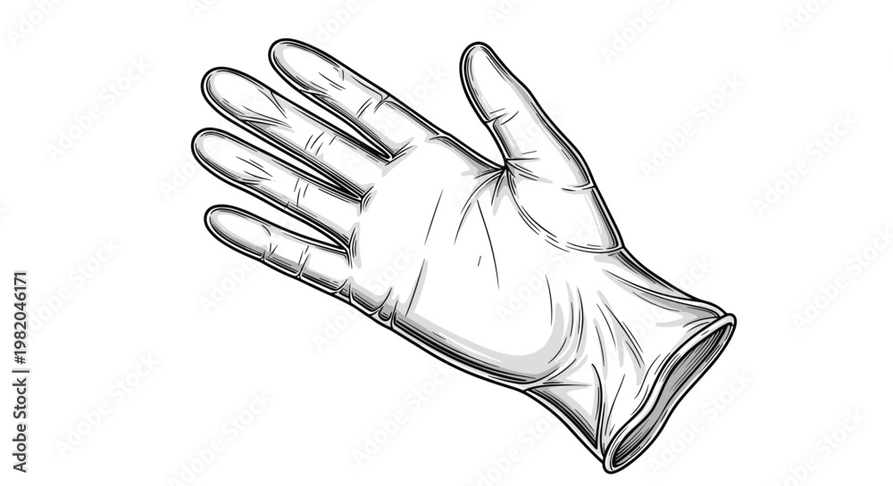 Obraz premium Highly detailed pencil sketch of a disposable medical glove on a white background used for safety and hygiene.