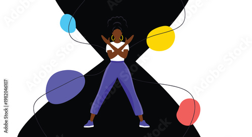 Confident black woman posing with crossed arms against an abstract background symbol of empowerment and strength.