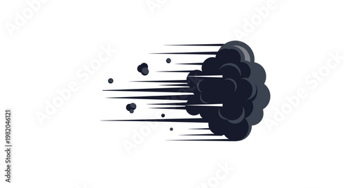 Stylized puff of smoke or dust cloud moving fast across a white background indicating speed or a sudden disappearance.