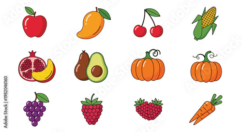 Extensive collection of colorful fruits and vegetables icons including apple mango cherries corn and more in flat design.