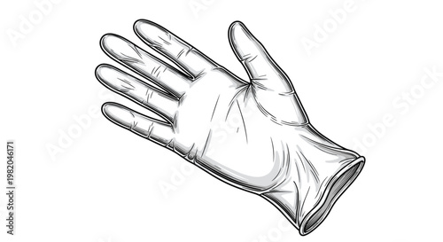 Highly detailed pencil sketch of a disposable medical glove on a white background used for safety and hygiene.