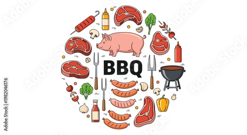 Barbecue theme illustration with various meat cuts sausages vegetables and grill tools arranged in a circular design.