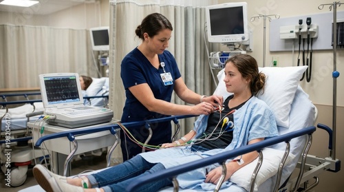 A nurse attentively monitors a young patient connected to medical equipment in a hospital room. The nurse is assisting the patient, who is lying in bed, while observing a heart monitor.