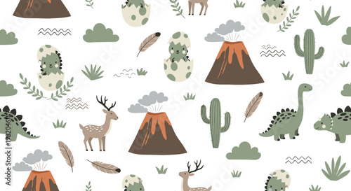 Cute seamless pattern for kids with dinosaurs baby animals in eggs volcanoes and cacti in soft natural colors.