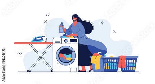 Woman managing household chores by loading colorful clothes into a washing machine with full laundry baskets nearby.
