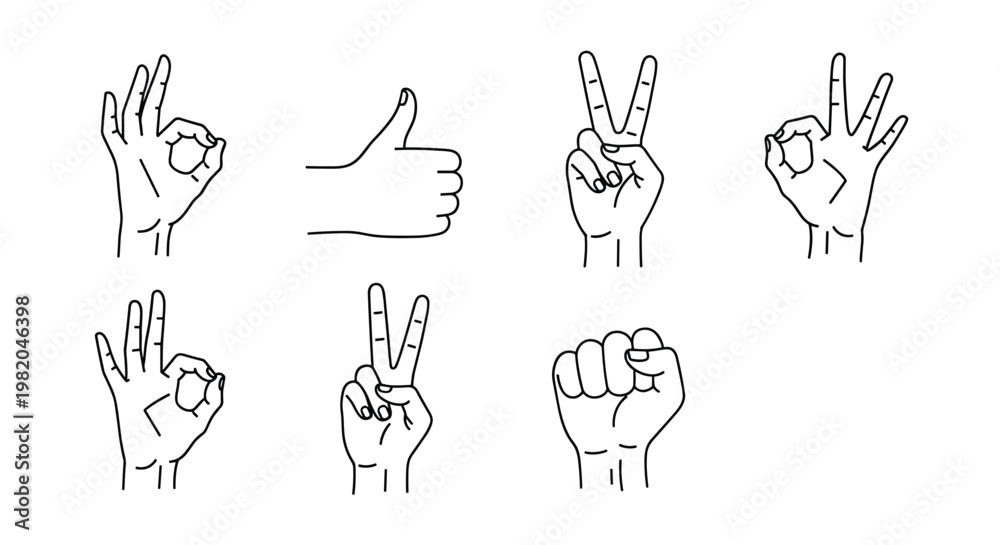 Fototapeta premium Set of various hand gestures in black line art including ok thumbs up peace sign and fist over white background.