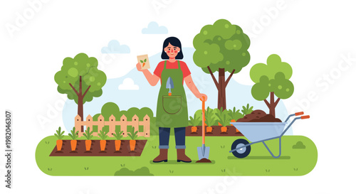 Happy female gardener holding seeds and shovel standing in a garden with trees and vegetables near a wheelbarrow.