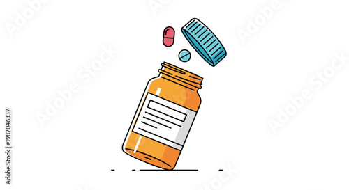 Orange plastic medicine bottle with falling colorful pills and capsules on a plain white background in flat style.
