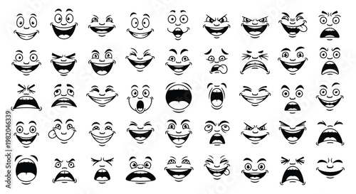 Collection of various cartoon facial expressions with different emotions including happy sad angry and surprised faces.