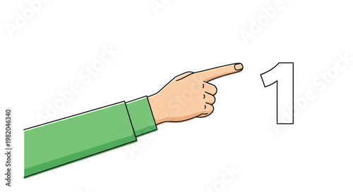 Human hand in a green sleeve pointing its index finger towards the number one on a clean white background for success.