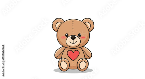 Cute brown teddy bear toy with a red heart on its chest sitting on a white background with a small shadow below.