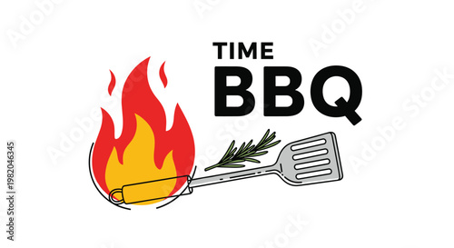 Bbq time conceptual design with fire flames and a spatula utensil next to a sprig of rosemary and bold text.