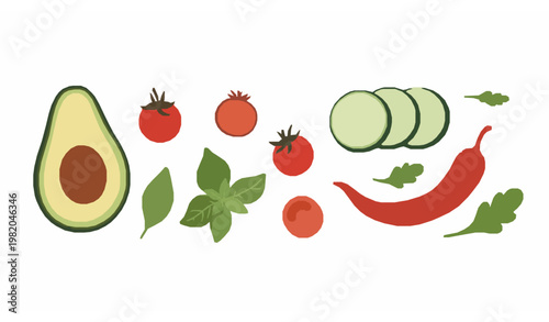 Modern abstract vegetable vector set with avocado tomato chili cucumber and basil in minimalist hand drawn poster style