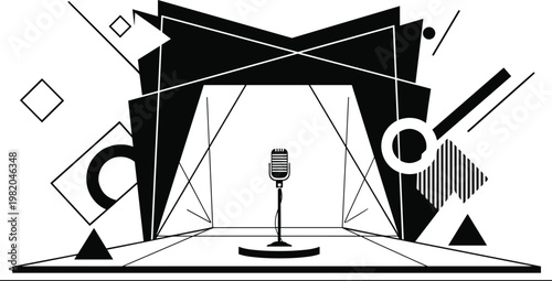 Abstract stage design a dramatic black and white illustration featuring a vintage microphone and geometric shapes