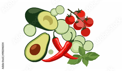 Trendy abstract vegetable poster with bold avocado cucumber tomato chili and basil in modern geometric vector style