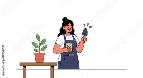 Young woman gardener in an apron holding seeds and a shovel while working at a wooden table with a potted plant.