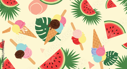 Seamless summer pattern of delicious ice cream cones watermelon slices and green tropical leaves over white.