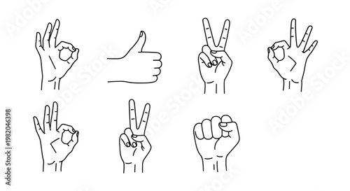 Set of various hand gestures in black line art including ok thumbs up peace sign and fist over white background.