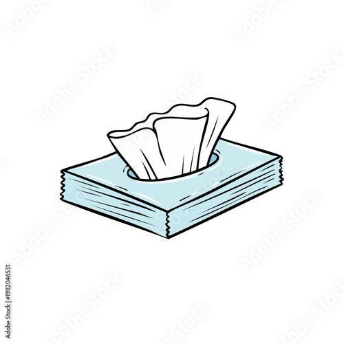 Hand-drawn illustration of a light blue box of facial tissues with a white tissue peeking out.