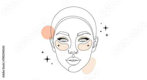 Fine line art of a beautiful woman face with skincare eye patches and sparkling stars for beauty and care.
