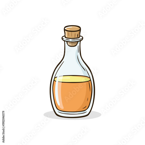 Glass bottle with cork stopper filled with golden liquid or oil on a white background