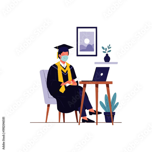 Vector flat design illustration of a student in graduation cap and gown wearing a face mask while attending a virtual