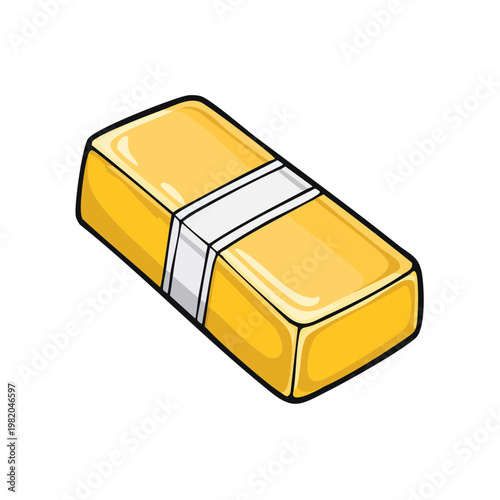 Yellow rectangular rubber eraser with a white band, isolated on a white background