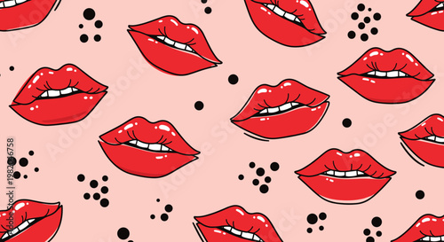 Seamless pattern of red feminine lips with open mouths and white teeth on a soft pink background for fashion design.