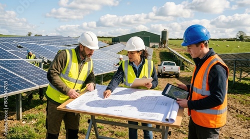 Three construction workers examine a blueprint on a table outdoors. They are standing on a muddy field next to a solar panel array.