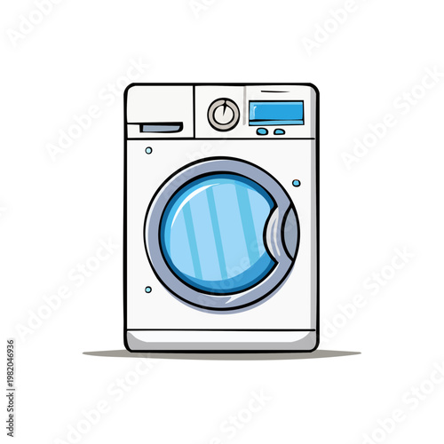 Modern front loading washing machine with a clear circular door showing clean blue interior