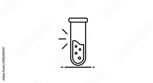 Modern laboratory test tube line icon with bubbles and a dashed ground line representing science and chemistry.