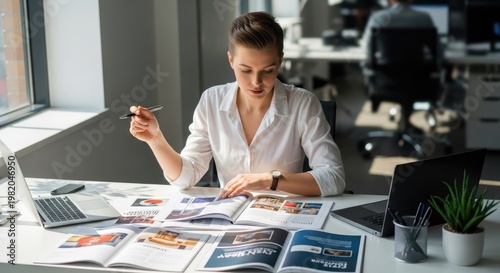 A woman in a white shirt sits at a desk with a laptop and a plant, surrounded by office furniture.
