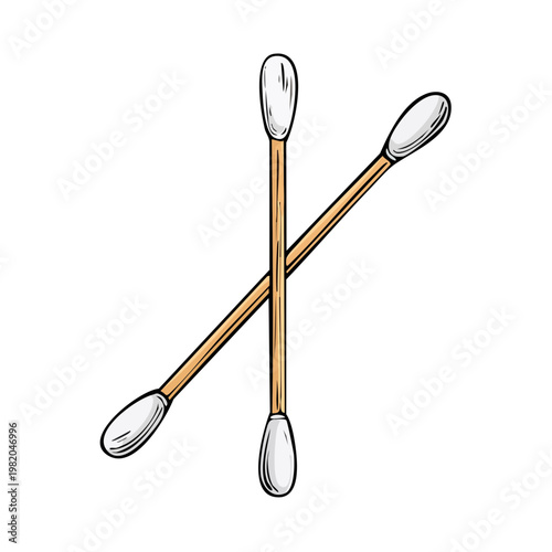 Two wooden cotton swabs crossed diagonally with white cotton tips isolated on a white background