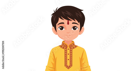 Detailed portrait of a young Indian boy wearing a yellow traditional kurta and a red tilak on his forehead against a white background.