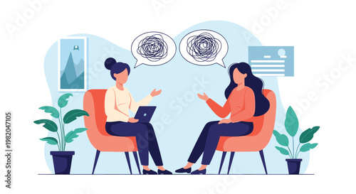 Two women sitting in armchairs and talking with messy thought bubbles above their heads representing mental health or coaching.