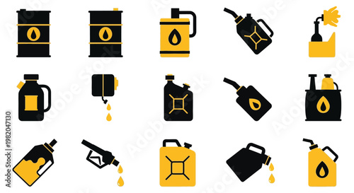 Oil cans and fuel icons in black and yellow minimalist style for industrial use
