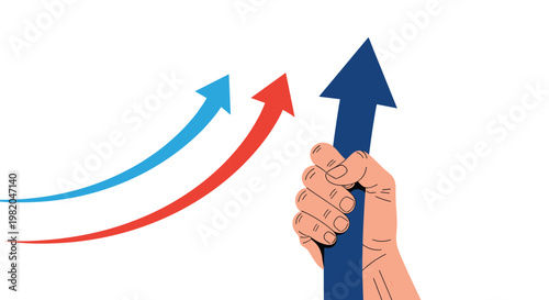 Strong hand firmly grasping a large dark blue upward pointing arrow symbolizing growth progress and market success.