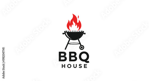 Professional logo design for a BBQ house featuring a black charcoal grill with a bright red flame above the name.