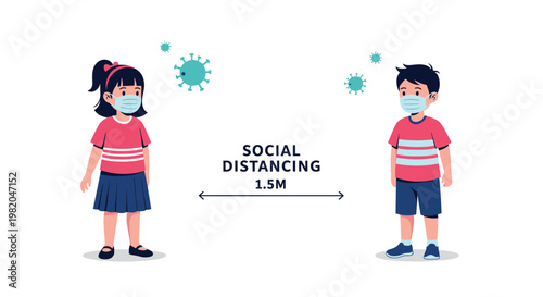 Educational illustration of two children wearing face masks and maintaining social distancing of one point five meters.