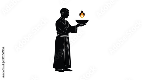 Monk holding a burning flame bowl.