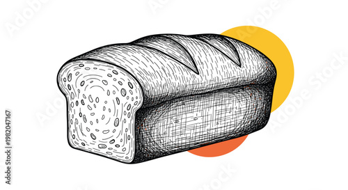 Classic engraving style illustration of a whole loaf of bread with golden highlights on a clean white background.