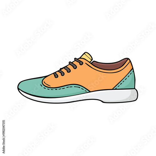 Stylized illustration of a colorful running shoe with orange and teal accents and white sole