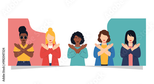 Diverse group of women of different ethnicities standing together and making the break the bias gesture with crossed arms for social equality.