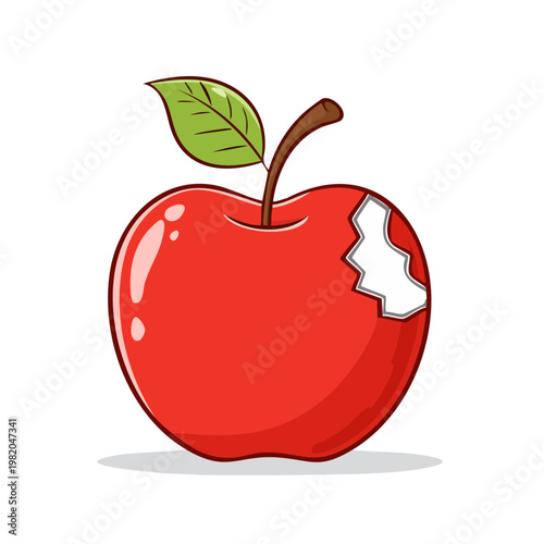 A bright red apple with a bite taken out, showcasing its white flesh and green leaf against a white background.