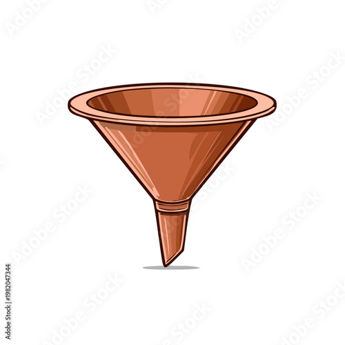A simple copper funnel with a wide opening and narrow spout for pouring liquids into containers