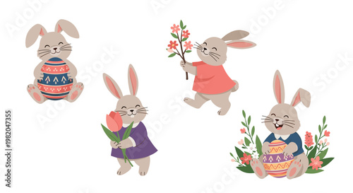 Fényképezés Adorable set of four cartoon easter bunnies holding decorated eggs and spring flowers to celebrate the holiday season with joy and happiness