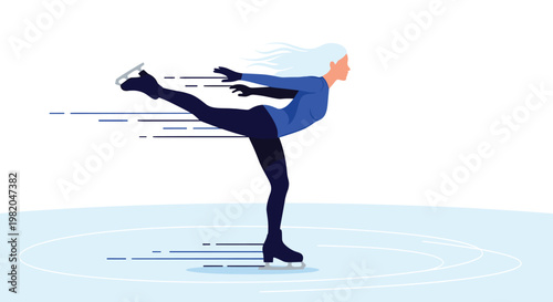Graceful female figure skater performing an elegant pose on the ice rink with motion lines representing speed and professional athletic skill.
